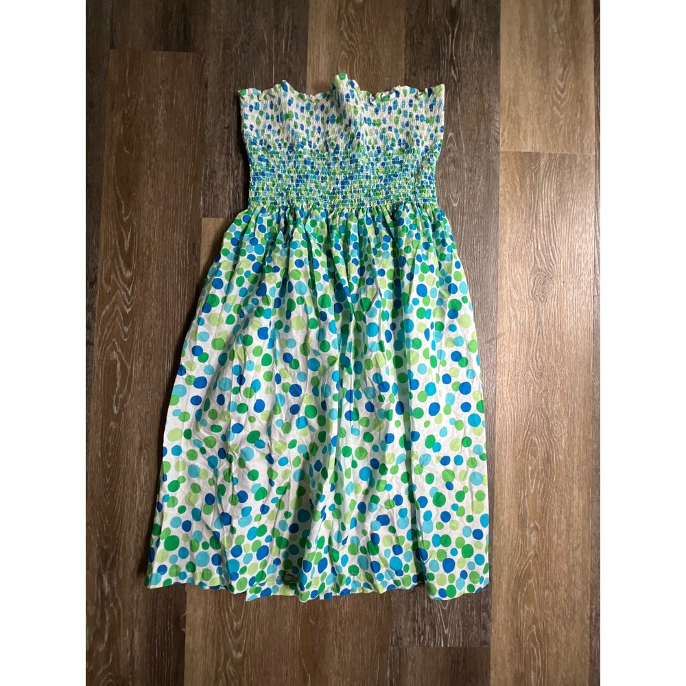 Strapless Smocked Midi Dress Womens OS Blue‎ Green Polka Dot Good Boho